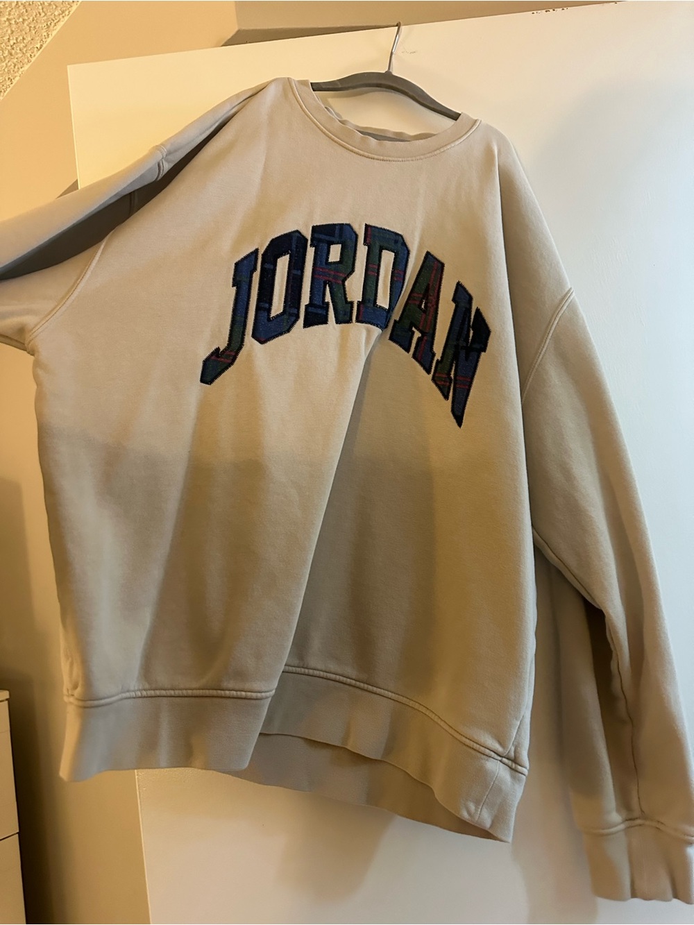Jordan Beige Crewneck Sweatshirt with Navy Multicolor Embroidered Logo
